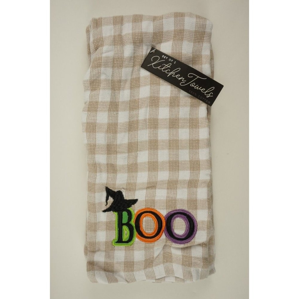 New Set of Two BOO Witches Hat Halloween Kitchen Towels White Cotton‎ Checkered